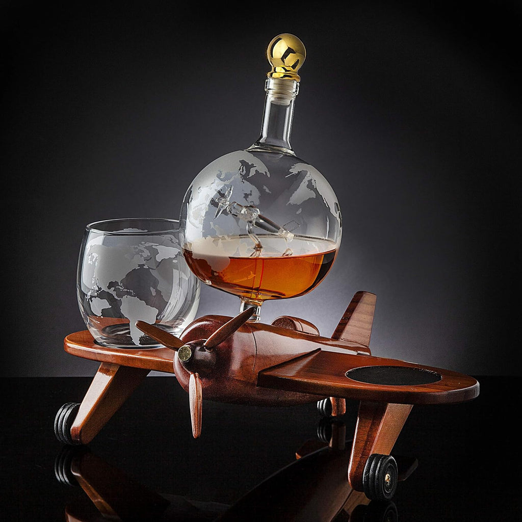 Whiskey Decanter Airplane Globe Set with 2 World Whiskey Glasses - for Liquor Scotch Bourbon Vodka - Set of 3