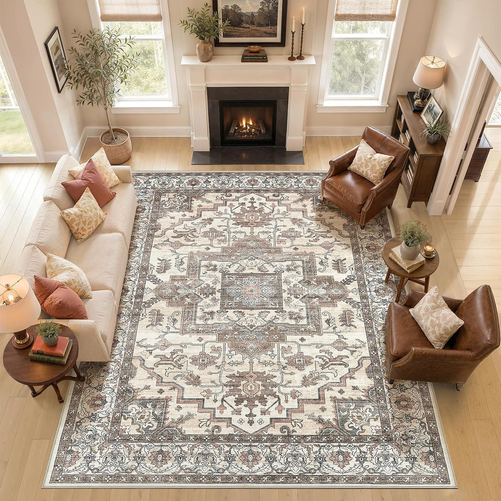 Washable 10x14 Area Rugs Living Room: Vintage Soft Brown Rug
