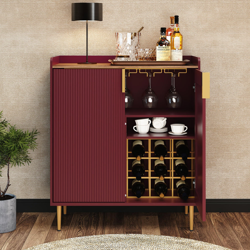 Coffee Bar Cabinet with Wine Rack&Glass Holder, Red