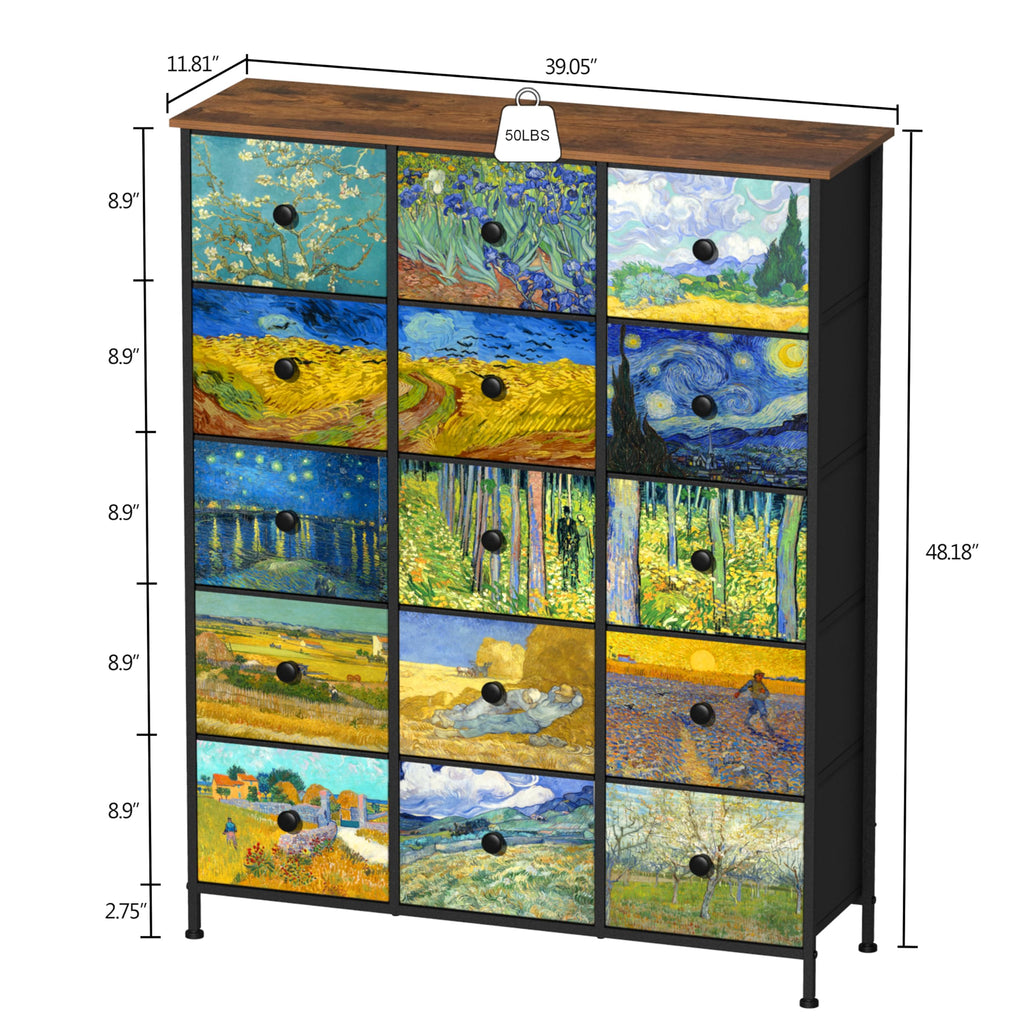 Large Chest of Drawers 15 Drawer Dresser Van Gogh Tall Fabric Dresser Living Room Entryway Closet with Sturdy Metal