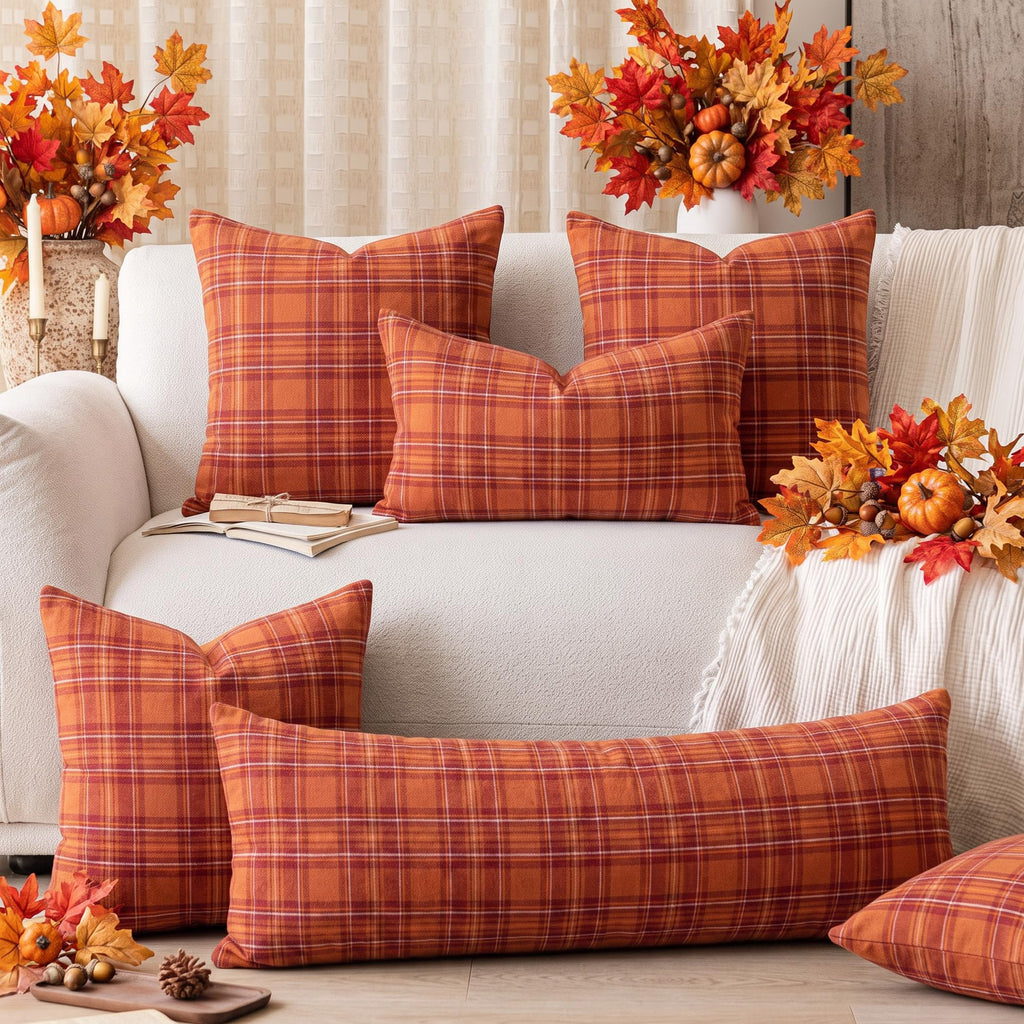 Burnt Orange Fall Plaid Euro Pillow Sham Covers 24x24, Large Pillow Covers