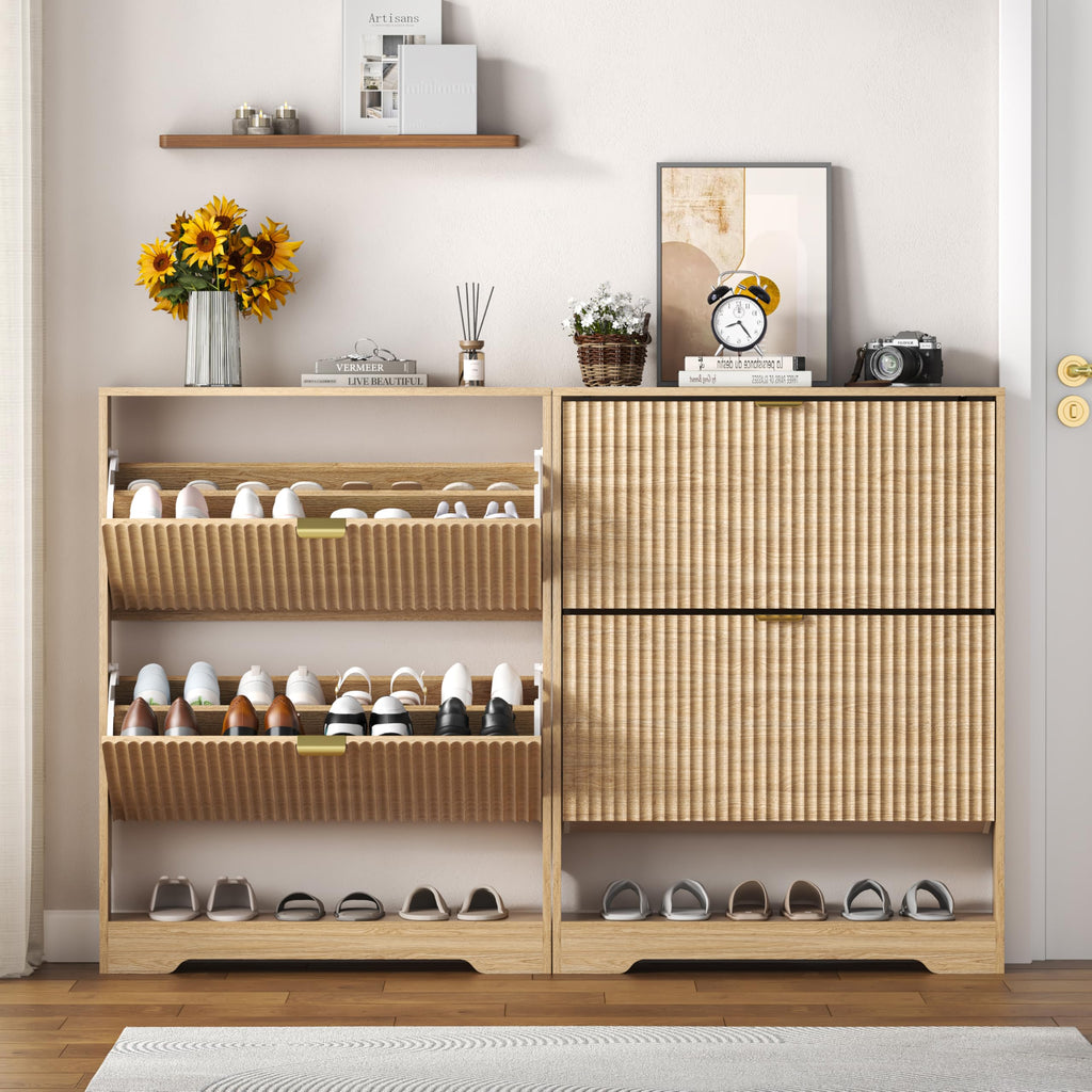 Shoe Cabinet Storage with 2 Flip Drawers, Fluted Shoe Cabinet with Open Storage, Wooden Hidden Shoe Rack Freestanding