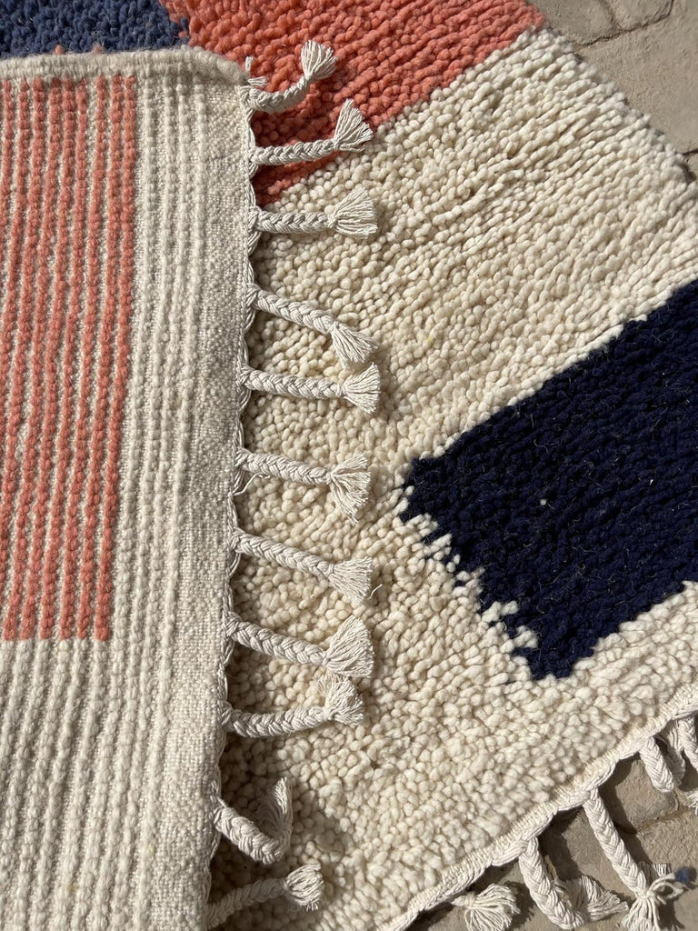Wool Area Rug 6' x 9' - Handmade Berber Shag, Modern Geometric Color Block Design, Ivory/Cream with Navy and