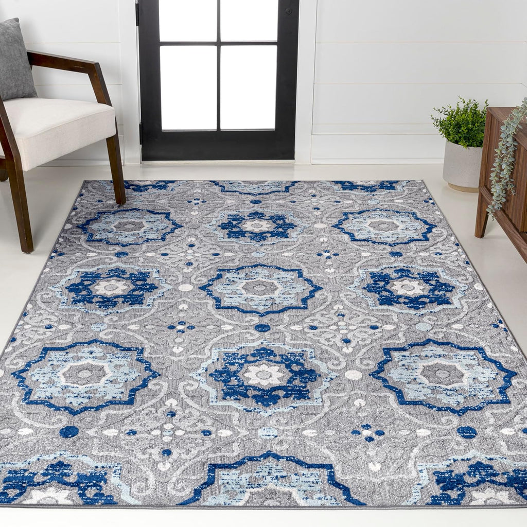 Mediterranean Medallion Indoor Outdoor Area Rug Blue/Gray, Boho for Backyard, Patio, Porch, Easy-Cleaning, High
