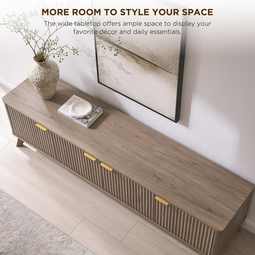 70" Mid Century Modern Fluted TV Stand, 4-Door Storage, Alder Grey