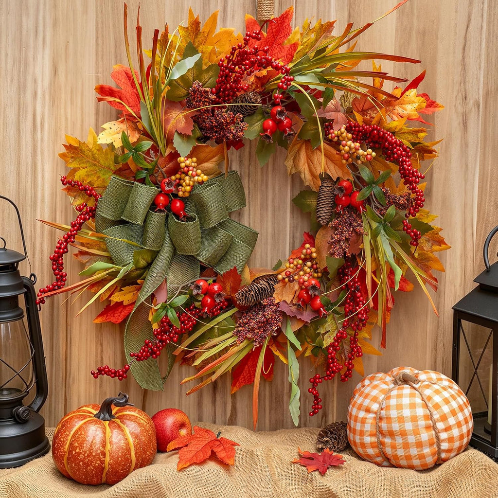 24 Inch Artificial Silk Harvest Fall Wreaths for Front Door with Green Bow