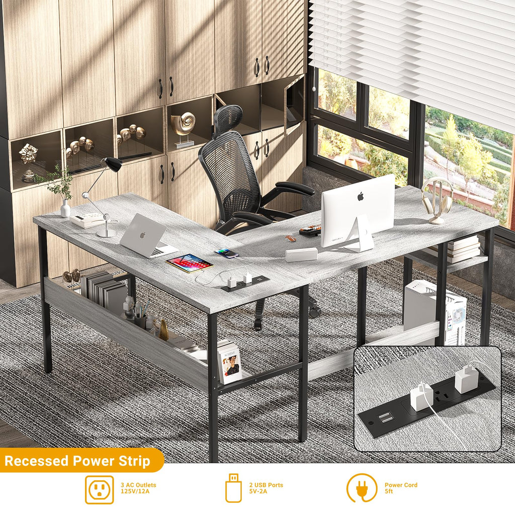 L Shaped Computer Desk with Magic Power Outlets and USB Charging Ports, Sturdy Reversible Corner Desk with Storage