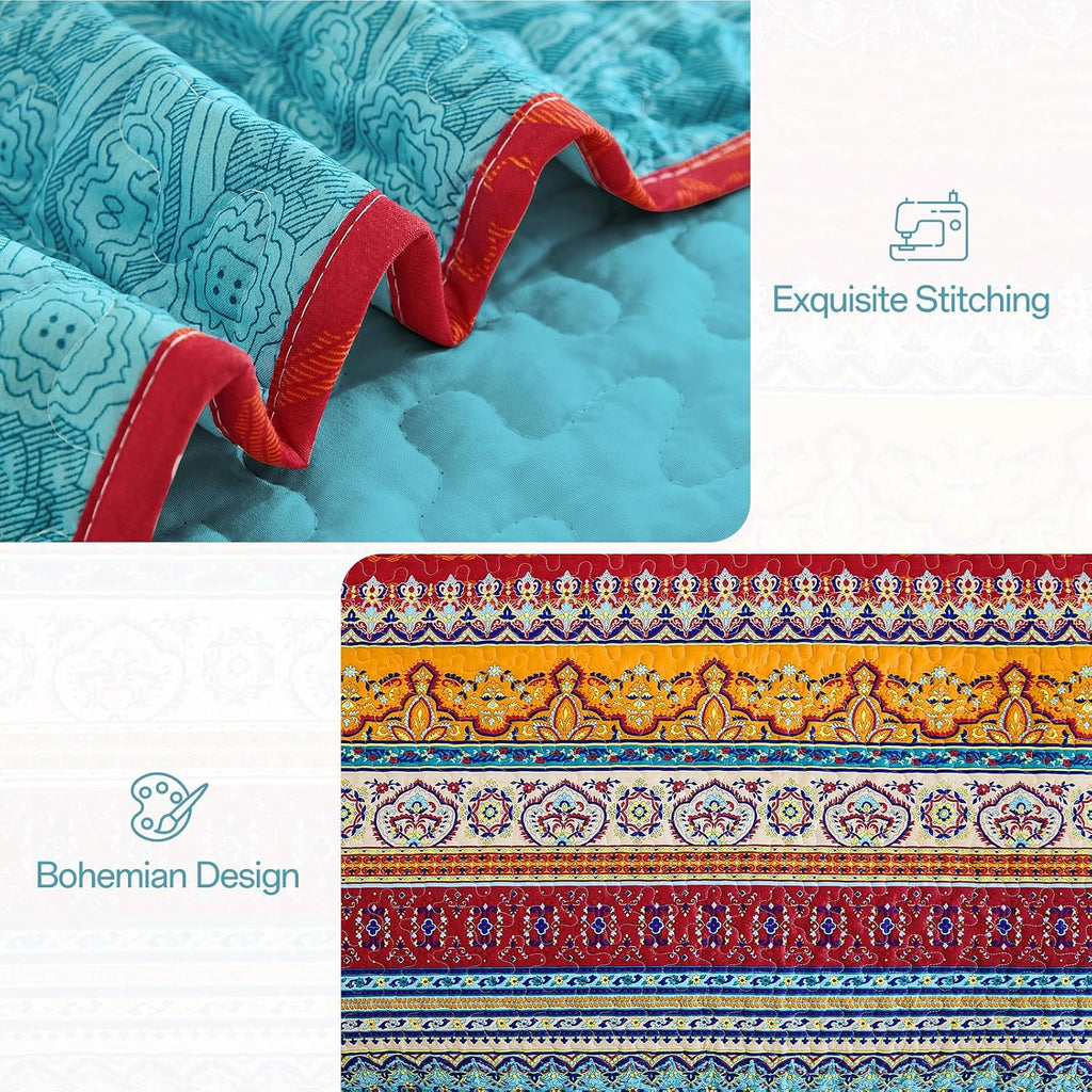 Bohemian Quilt Set Queen, Boho Striped Pattern Quilts Bedspread Set for All Season, Soft Microfiber Bedding Coverlet