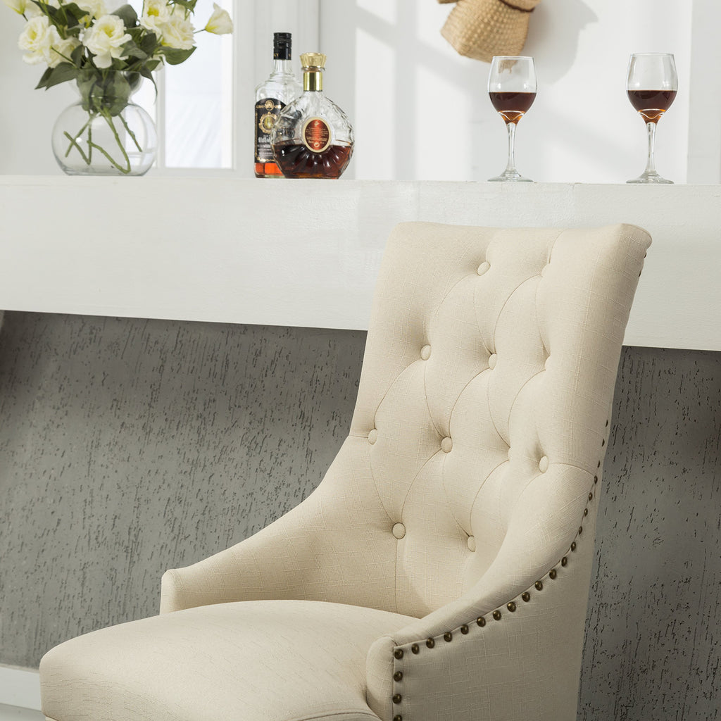 Button Tufted Solid Wood Wingback Hostess Chairs with Nail Heads, Set of 2, Tan, White, "Tan, 24D x 22W x 39H in