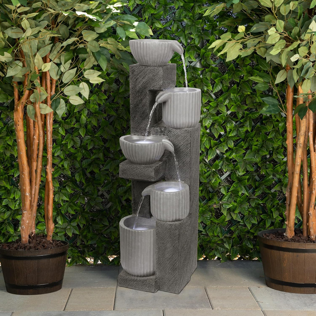 40" Tall Outdoor 5 Tiered Pot Decorative Waterfall Floor Fountain with LED Lights, Perfect for Patios, Yards