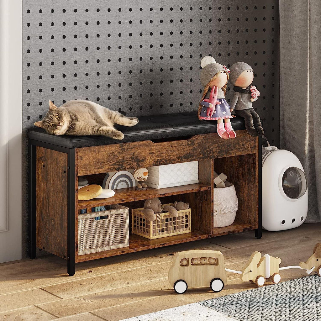 Shoe Bench, Lift Top Shoe Storage Bench, Adjustable Shelf Entryway Bench, Metal and Wood Shoe Rack Organizer with