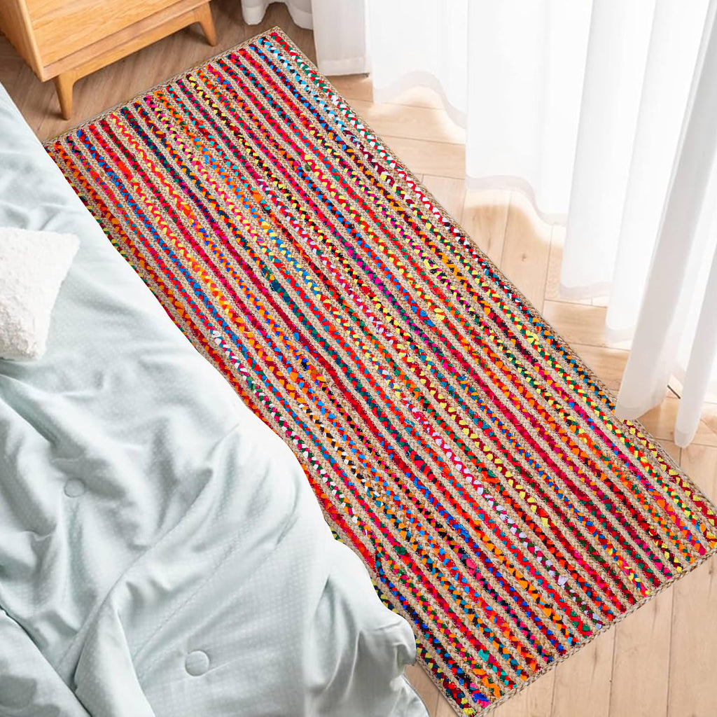 Jute Cotton Braided Woven Runner 2x6 Feet - Multi Color