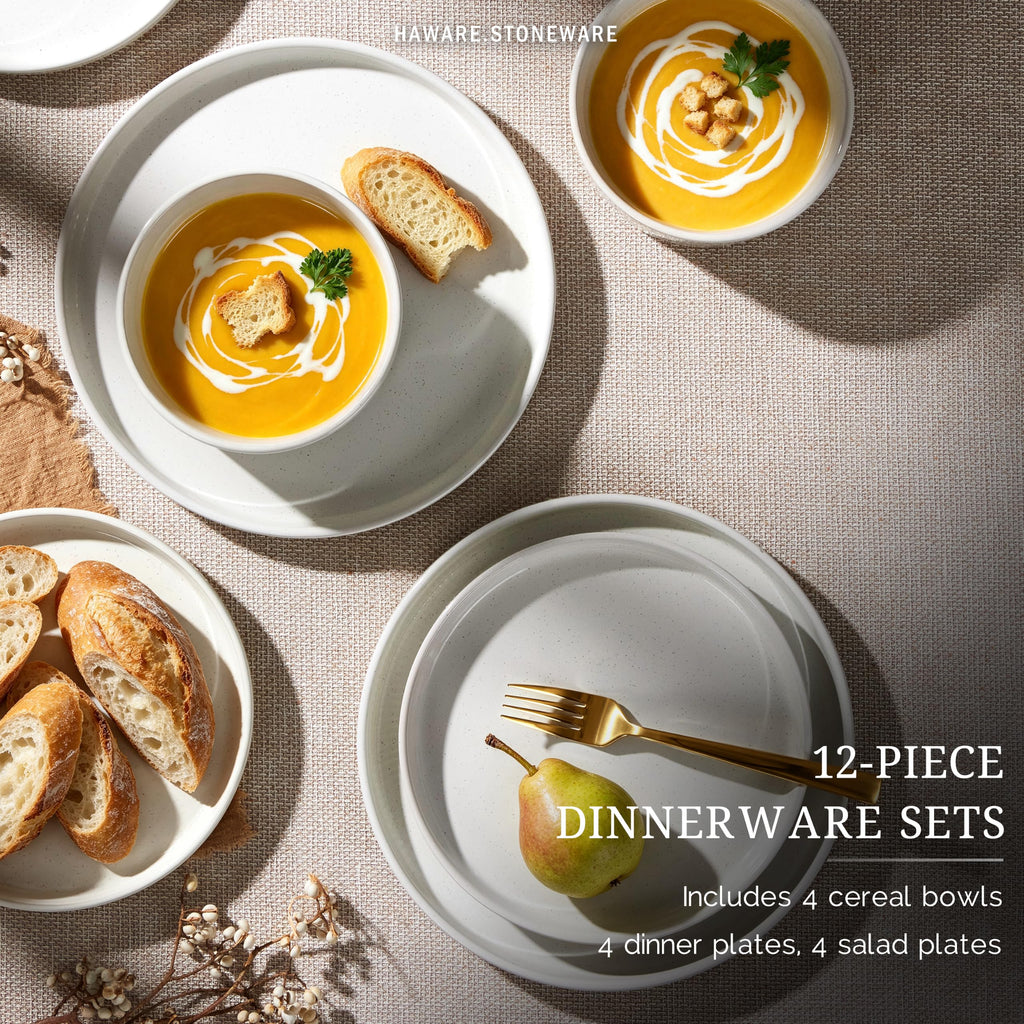 Dinnerware Sets, Plates and Bowls Set for 4, Speckled Ivory White