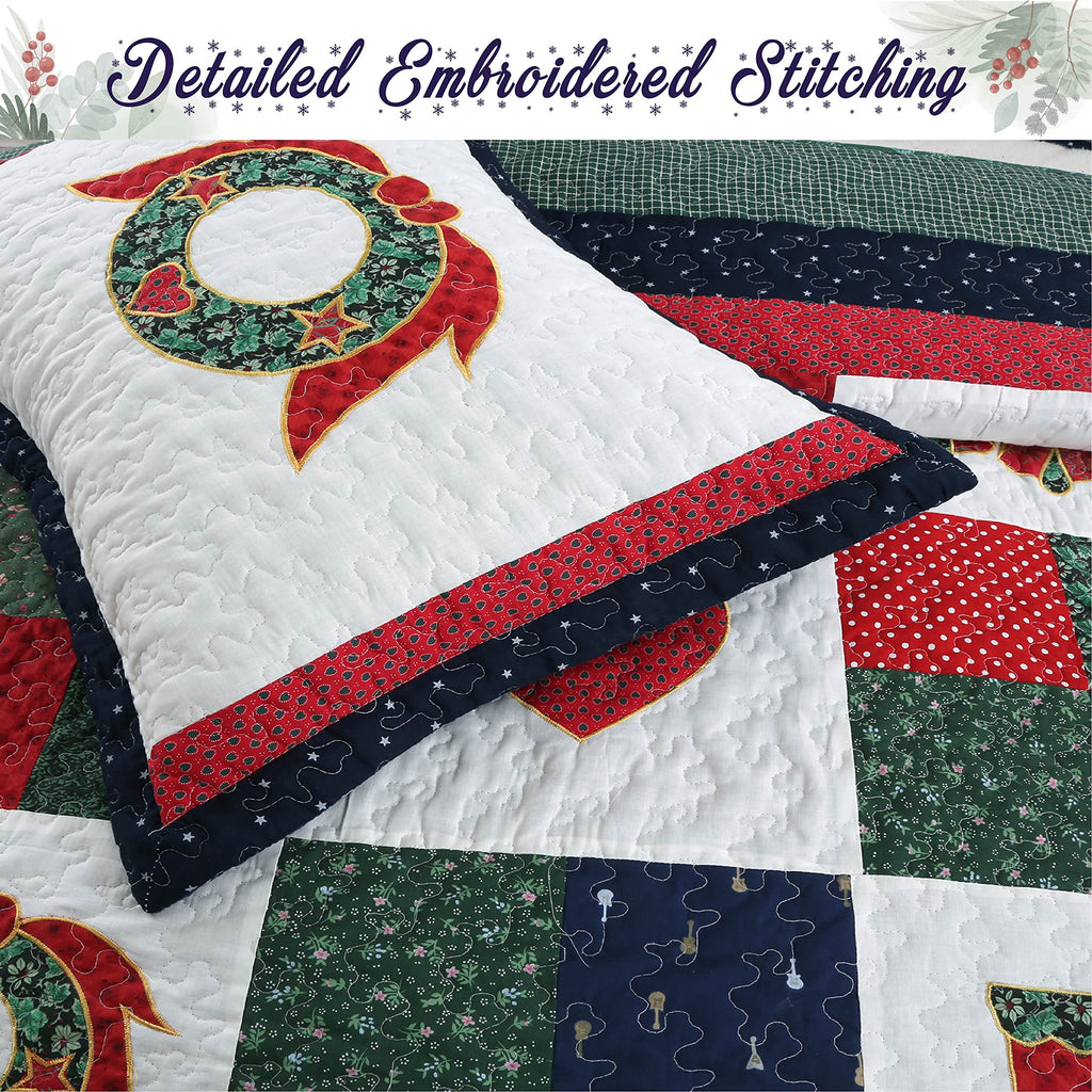 Christmas True Patchwork Wreaths Pine Tree Stockings Rustic Reversible Quilt Bedding Set, Coverlet Bedspread (Happy