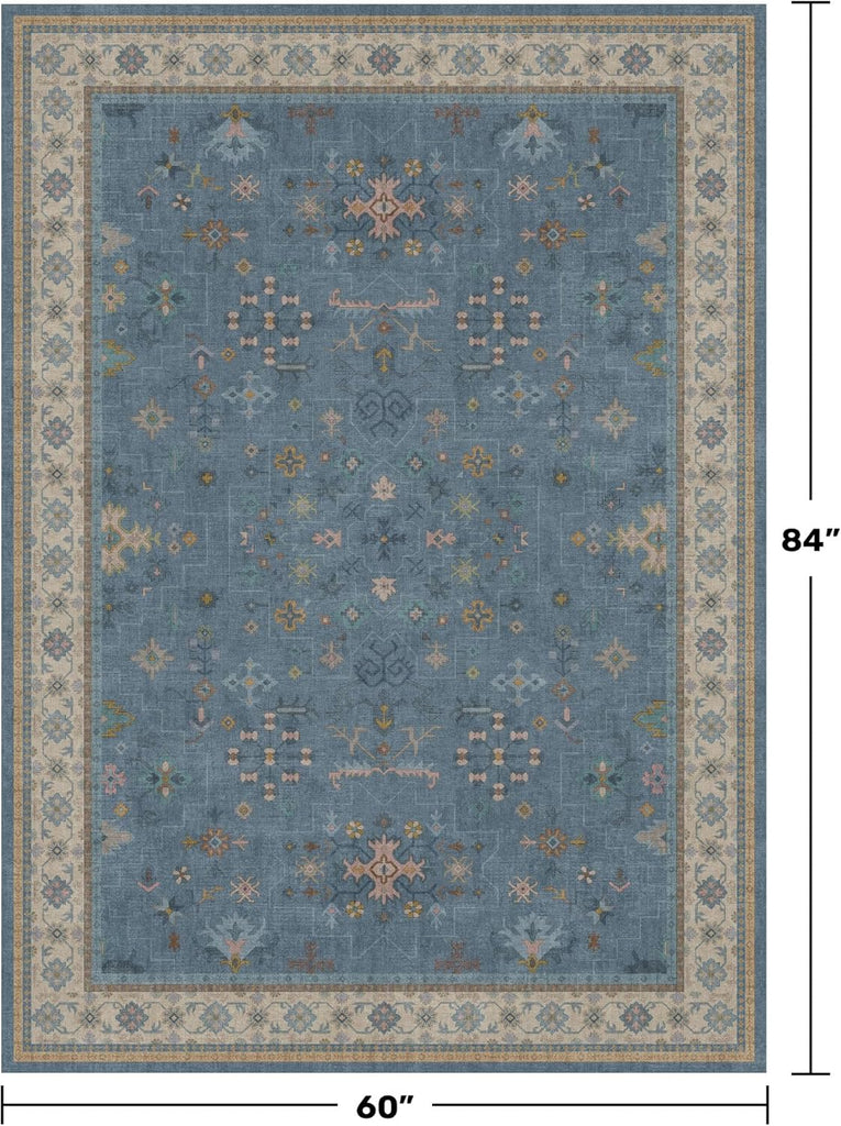Washable 5x7 Blue Rugs for Kids Room, Boho 5 x 7 Nursery Rug Boys, Colorful Eclectic Low-Pile Carpet, Dining Table