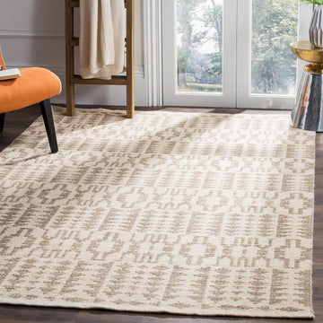 Area Rug - Kilim Collection - Large - Ivory & Grey, Handmade Flat Weave Wool, Ideal, Dining Space (KLM352A)