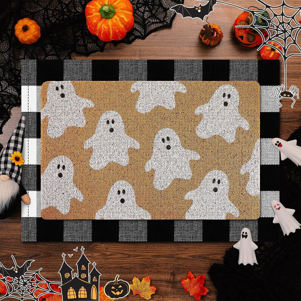 2 Pcs Halloween Fall Welcome Mat Buffalo Plaid Porch Decor | Ghost Layered Design, Non-slip Rug for Front Door