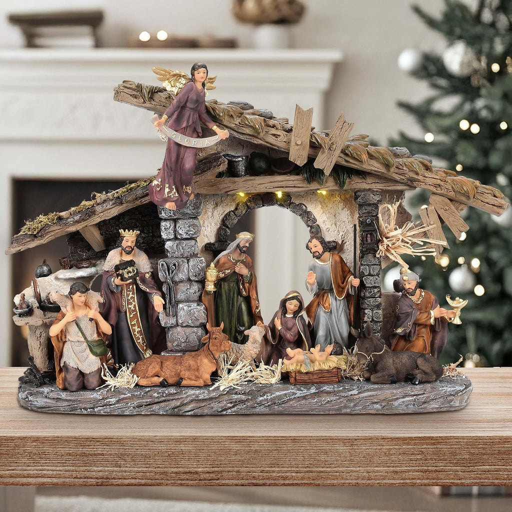 Extra-Large Nativity Set Indoor, 25" 11-Piece Light-Up Hand-Painted Collectible Figurines, Separate Sculpted Statues