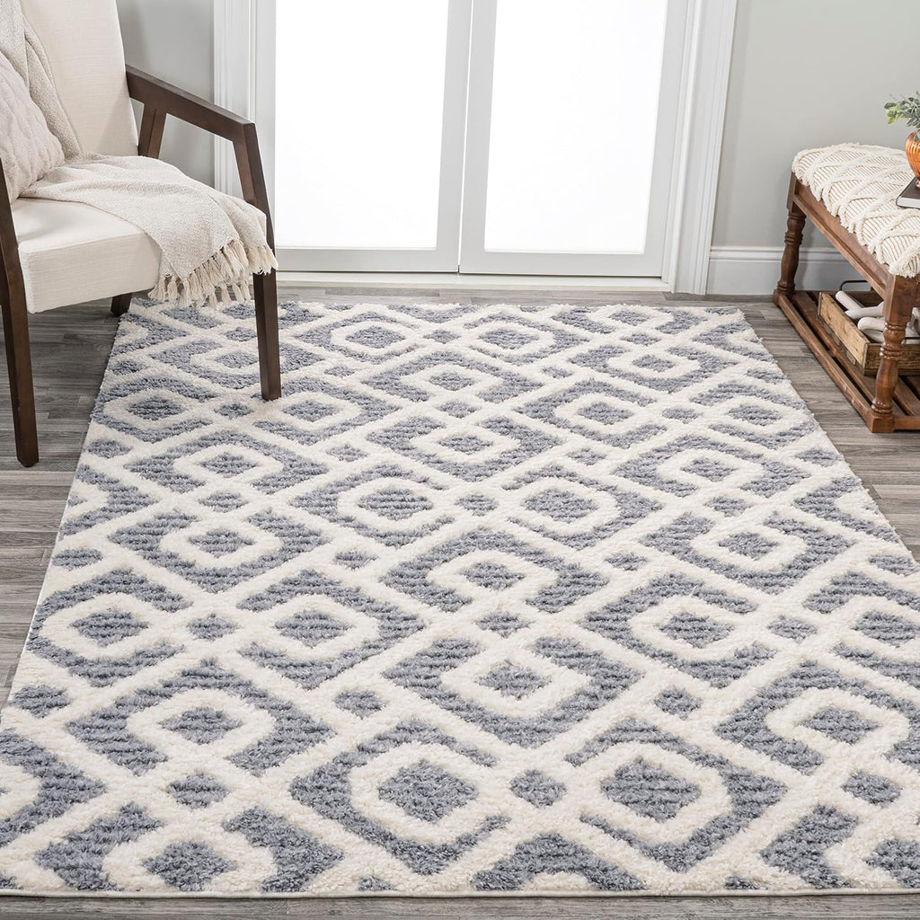 Trellis High-Low Cream/Gray Indoor Area Rug, Astrid Retro, Easy-Cleaning, High Traffic, Pet-Friendly