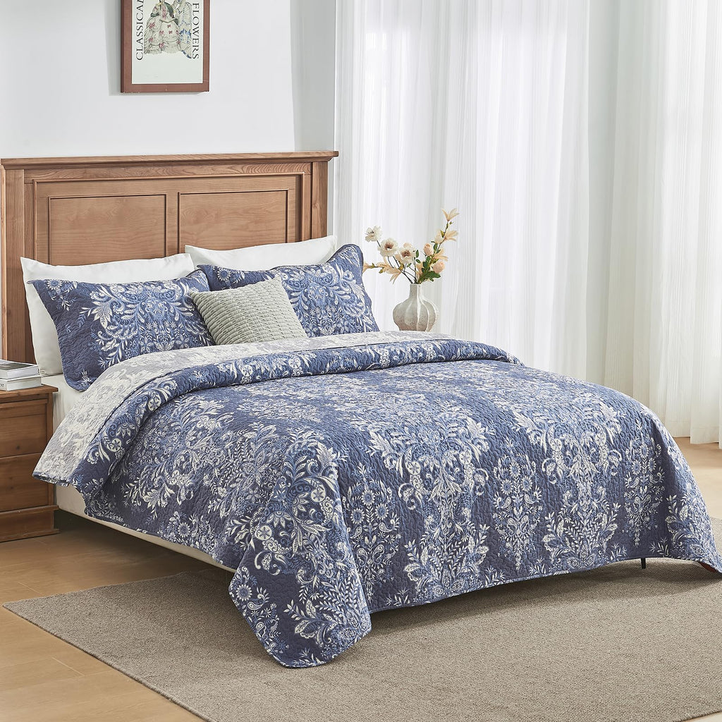 100% Cotton Quilt Set, Vintage Damask Floral, Insignia Blue