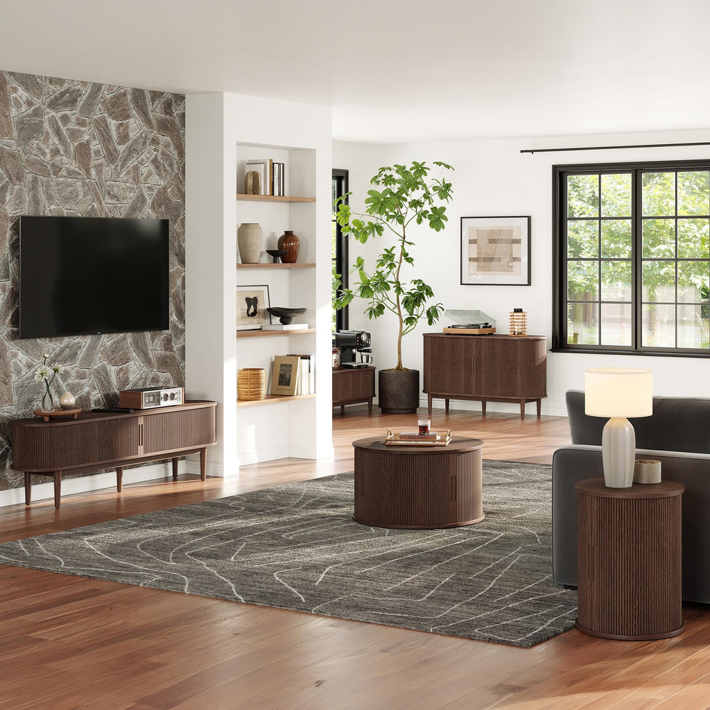 Round Coffee Table, 31.5" Drum Coffee Table with Sliding Tambour Door, Fluted Accent Center Table with Storage, Mid