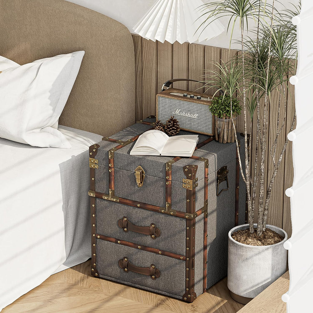 Vintage Storage Chest with Buckle Hinged Top, Linen Accent End Side Table , Rectangle, Grey