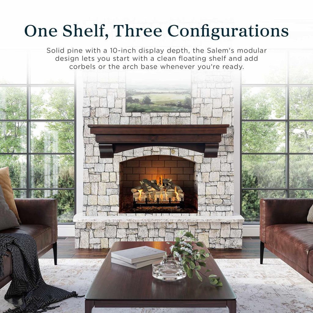 Salem Wood Mantel Shelf with Arched Corbels - Cinnamon 60 Inch | Wooden Rustic Wall Mounted Shelf from Pine Wood