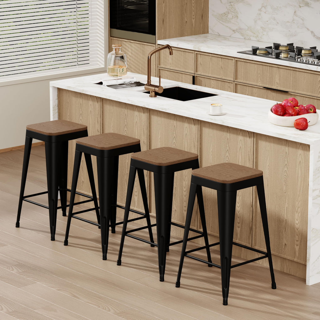 24" Metal Bar Stools Set of 4 Black Counter Height Stools with Wood Seat Stackable Backless Industrial Style Stools