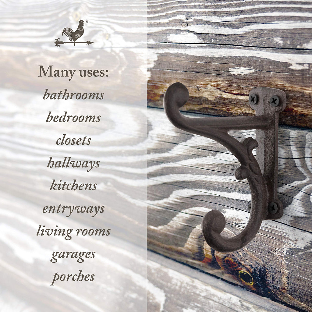 Rustic Cast Iron Coat Hooks (3 Pack) Rustic Dark Brown, Wall Mounted, Farmhouse Decorative, Heavy Duty Wall Hooks for