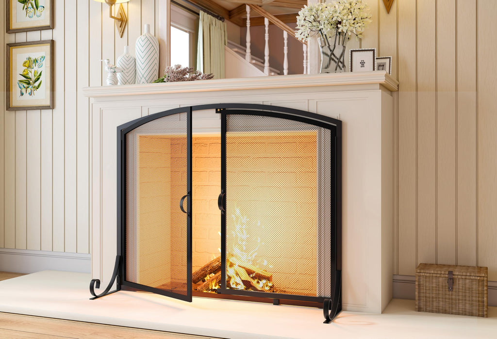 Fireplace Screen with Doors, 35" W x 28" H, Heavy Duty Solid Steel Frame, Wrought Iron Spark Guard, Baby Proof