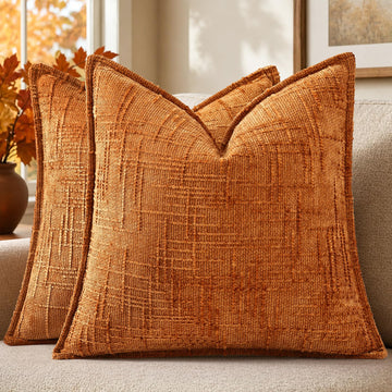Chenille Fall Throw Pillow Covers 22x22 Set of 2, Burnt Orange