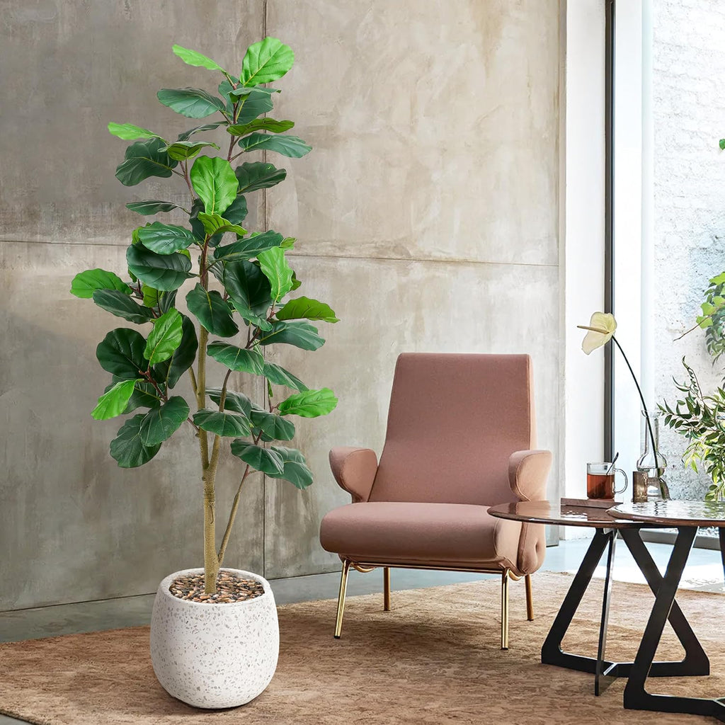Artificial Fiddle Leaf Fig Tree 6FT, 72 Inch Tall Faux Ficus Lyrata Fake Floor Plant with White Planter & Pebbles