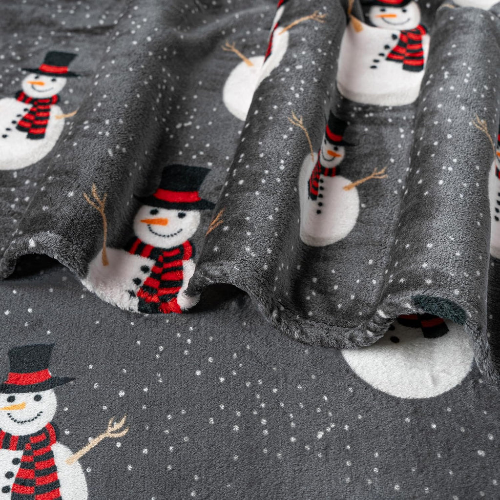 Christmas Snowman Throw Blanket | Grey Christmas Fleece Blanket | Soft, Plush, Warm Winter Cabin Throw, 50x60 (Grey