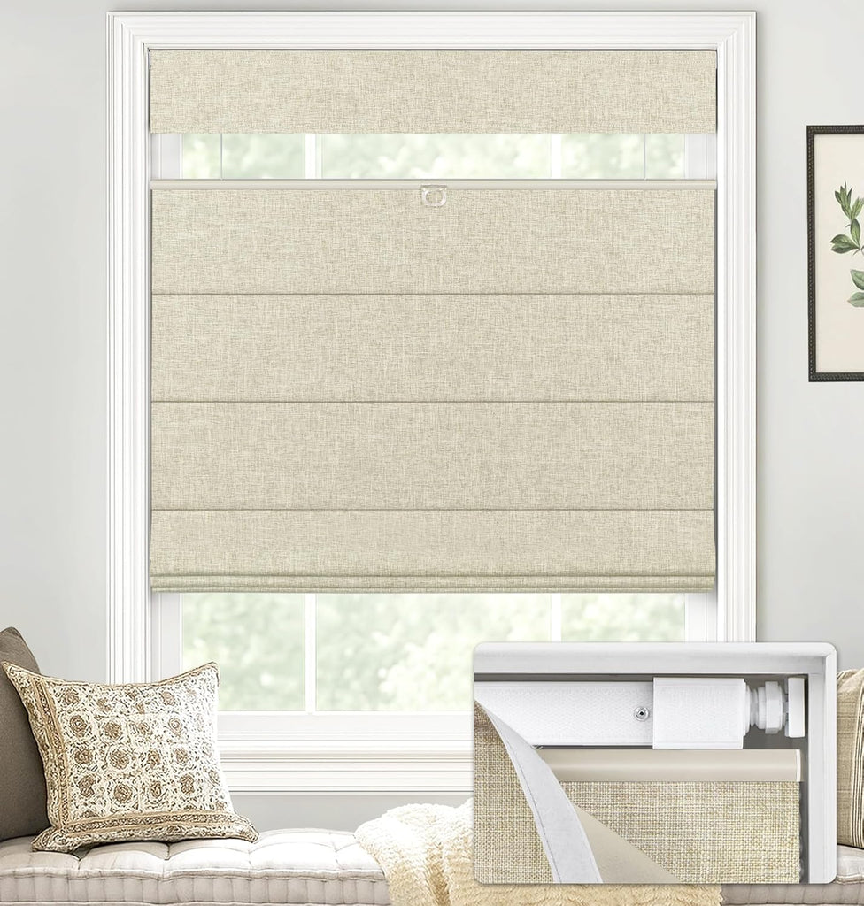 No Drill TDBU Roman Shades, Blackout - Beige, 20" W x 64" H | No Tools Top Down Bottom Up Cordless Fabric Blinds for Window, Thermal Insulated UV Blocking for Bedroom & Living Room
