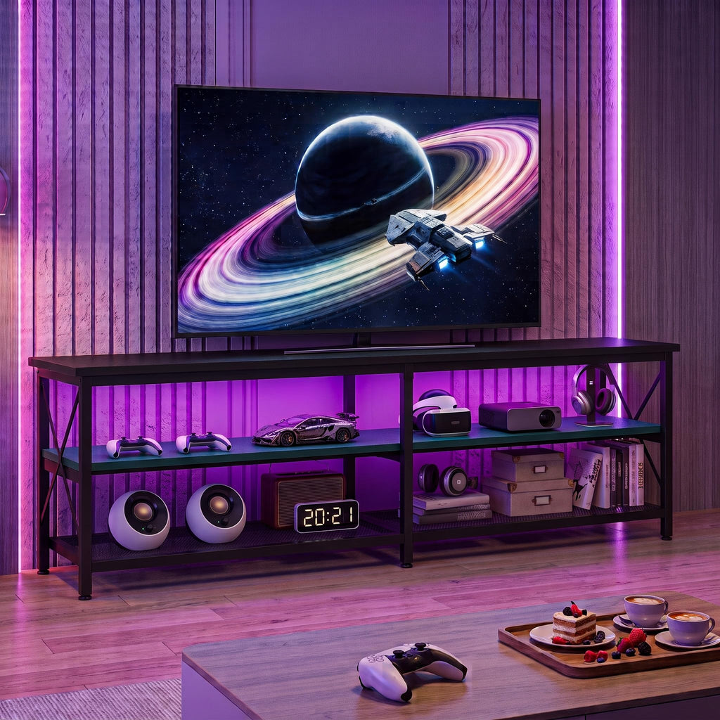 Modern 71 inch Metal TV Stand with LED Lights for 50 55 60 65 70 75 80 Inch TVs, 3 Tier Television Stands with