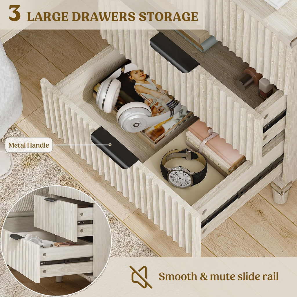 Wood Nightstands Set of 2 w/Charging Station, 3 Drawers Fluted Dresser