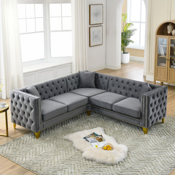 82.2" Tufted Velvet Corner Sofa, 5 Seat L-Shaped Sectional Couch, Buttons Tufted Square Arm Couch Apartment, Gray