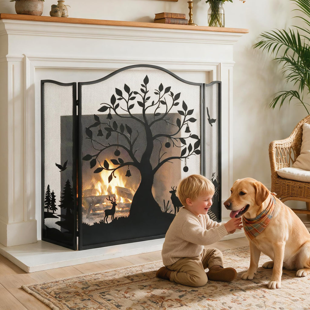 50" x 36" 3-Panel Fireplace Screen, Tree Pattern Fire Guard, Rustic