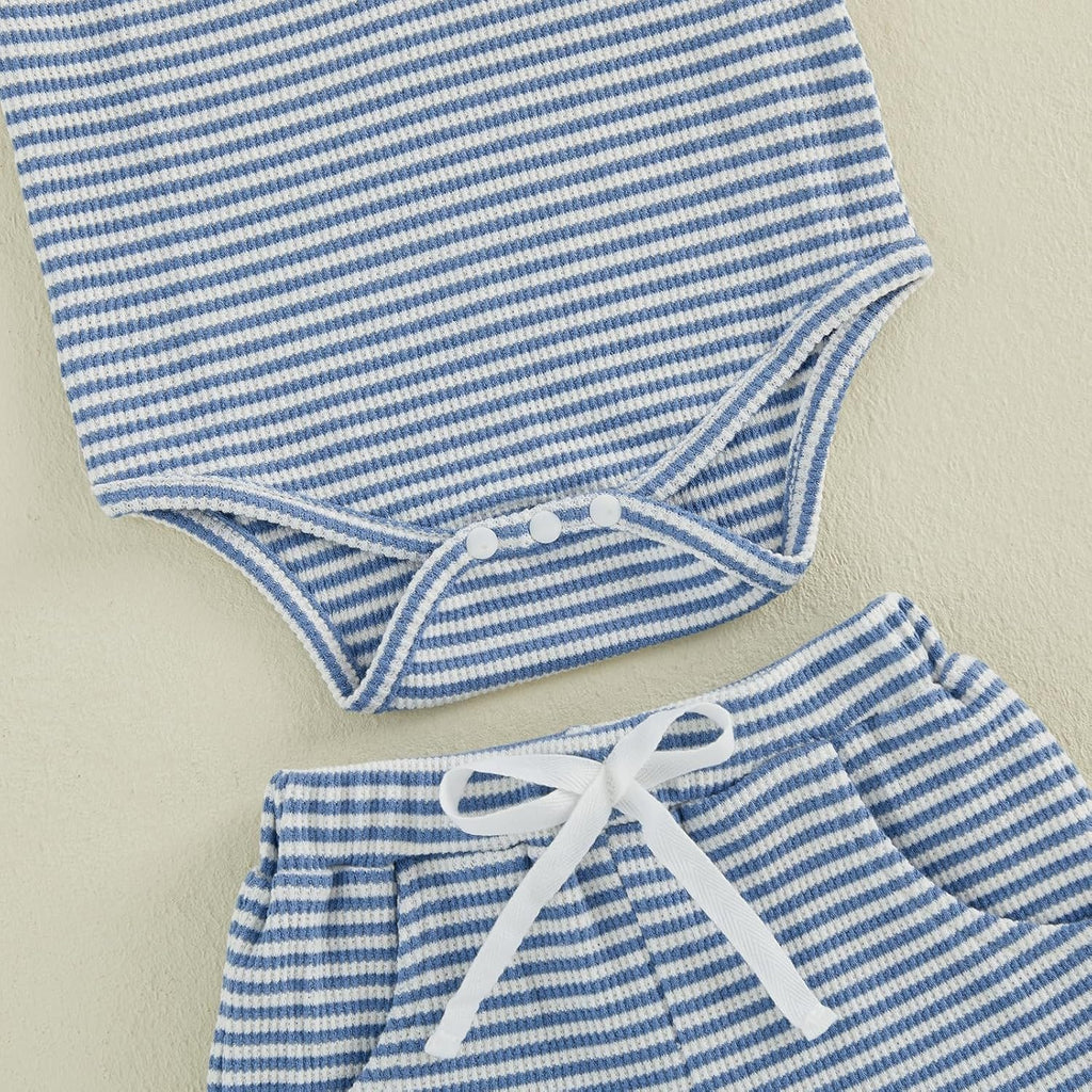 Newborn Baby Boy Summer Clothes Short Sleeve Top and Stripe Shorts Set 2 Piece Baby Boy Summer Waffle Outfit
