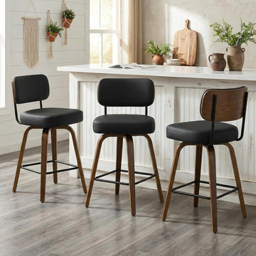 Swivel Bar Stools Set of 3, 26" Upholstered Counter Height Bar Stools with Back and Walnut Wood Legs, Faux Leather