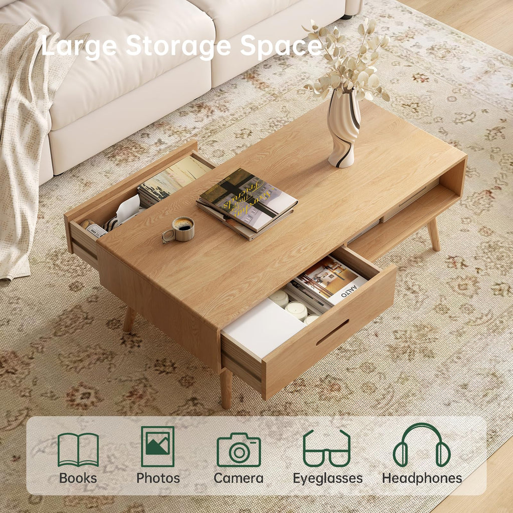 Fully-Assembled 100% Oak Wood Coffee Table with Storage