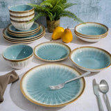 Mayfair Bay 16-Piece Embossed Double Bowl Dinnerware Set, Service for 4 - Blue Stoneware Plates and Bowls