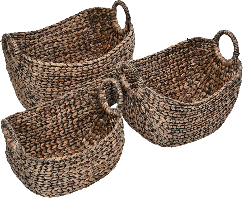 Nellie 3-Piece Hyacinth Boat Wicker Storage Baskets 17", Brown | Farmhouse Classic Handwoven Nesting Design