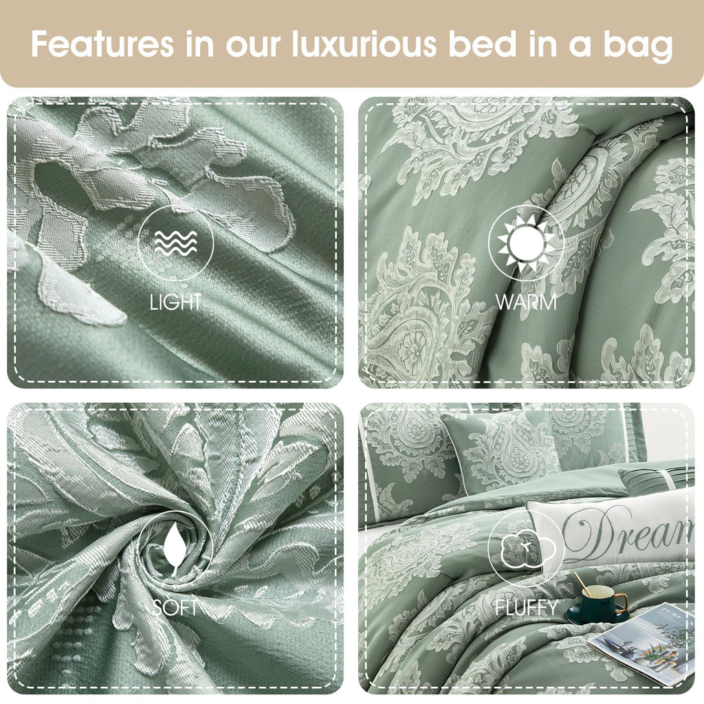 Sage 7PC Comforter Set, Jacquard with Matching Solid Piecework Bedding Set, All Season