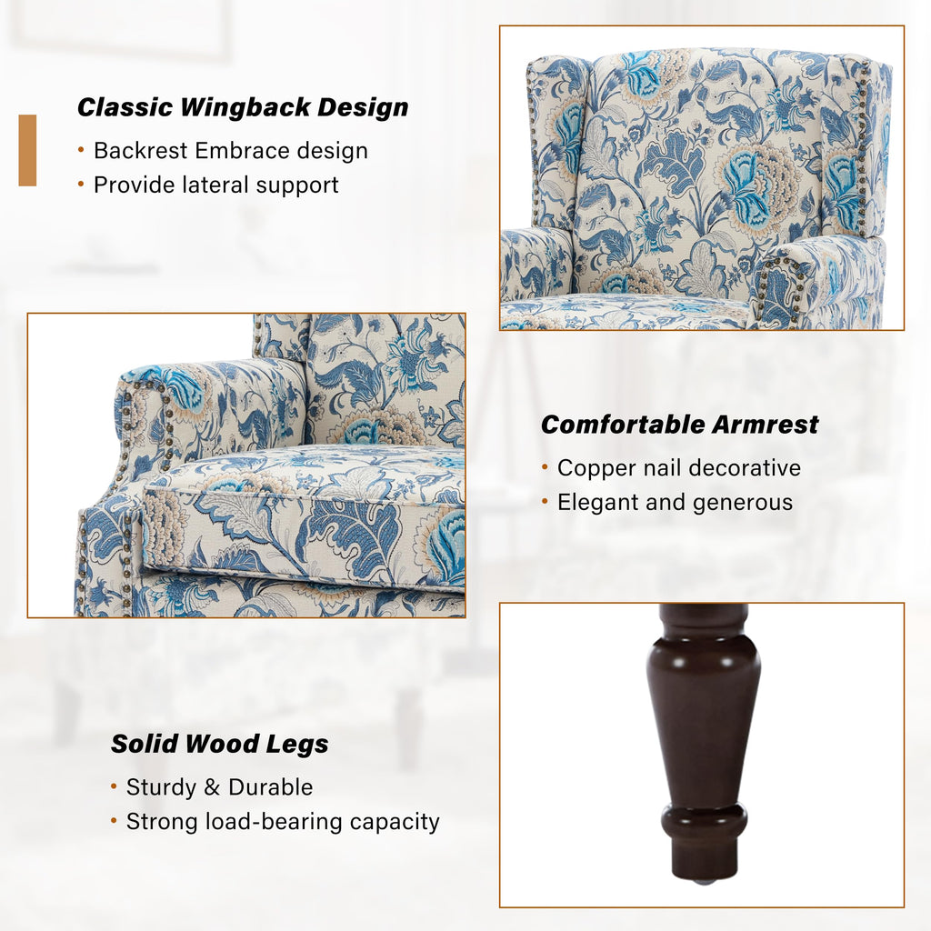 Wingback Accent Chairs Set of 2, High Back Upholstered Armchair, Boho Blue