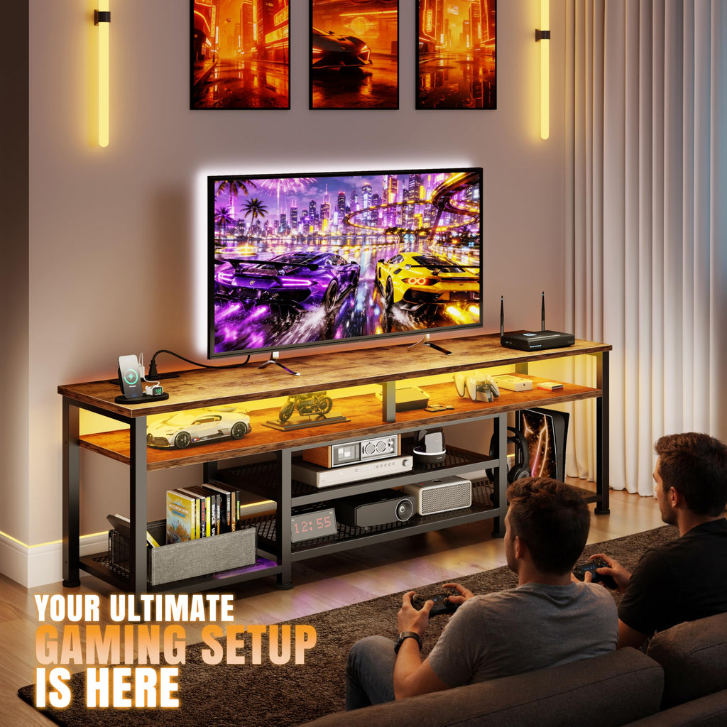 TV Stand for 70/75/80 inch TV, 71 in Entertainment Center with LED Lights and Power Outlets, TV Console Table with