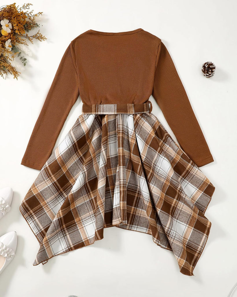Girls Fall Dress Long Sleeve Casual Plaid Irregular Dresses