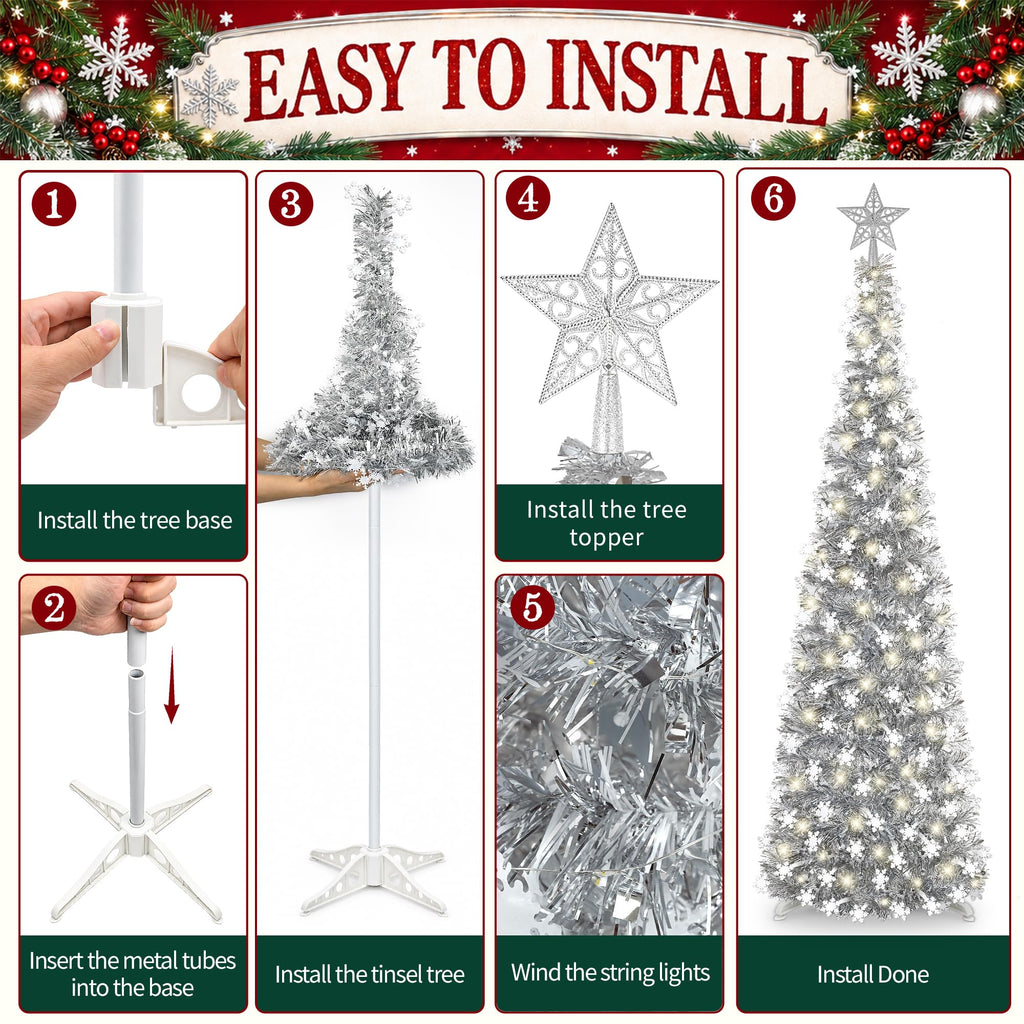 5FT Pop-up, Christmas Decor Silver White Snowflake with Timer String Lights, Collapsible Artificial Pencil Tree Xmas