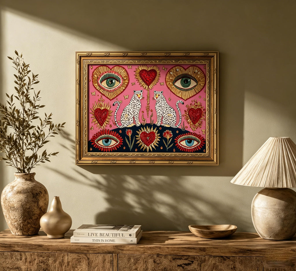 Vintage Gold Framed Gothic Leopard Wall Art Boho Witchy Psychedelic Eye Heart Canvas Prints Pink Cheetah Poster