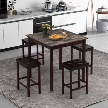 5-Piece Counter-Height Bar Table Set, Faux Marble Square Table & 4 PVC Leather Bar Stools w/Rubber Wood Legs, Modern